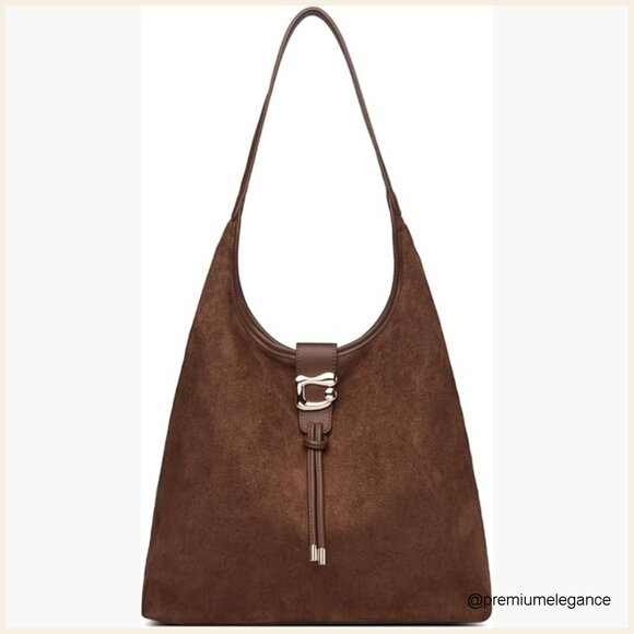 Handbags - Large Slouchy Hobo Tote Bag with Zipper & Tassel, Faux Suede Shoulder Purse